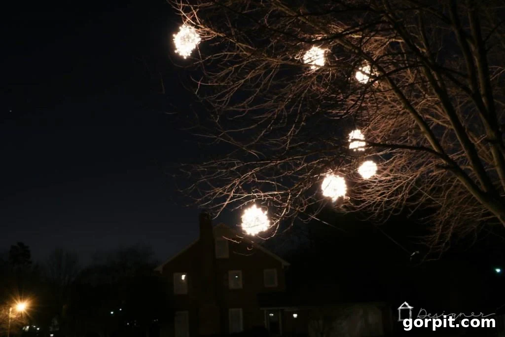 The enchanting glow of lighted Christmas balls, a simple yet impactful DIY project for festive outdoor decor.