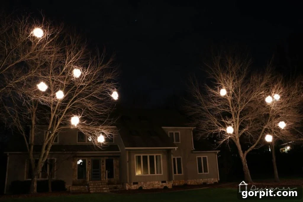 Stunning night photos of DIY lighted Christmas balls glowing in the trees. Get inspired to make your own magical holiday decor!