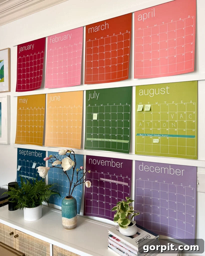 Master Family Chaos: Genius Command Center Ideas for an Organized Home 4 colorful wall calendar hanging with DIY magnetic poster hangers