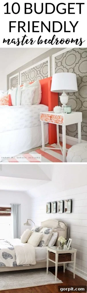 Pinterest pin graphic featuring various affordable DIY decor ideas for master bedroom makeovers.