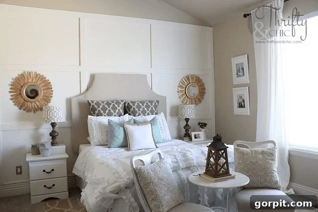 Stunning $500 master bedroom makeover by Thrifty and Chic, featuring an elegant DIY board and batten wall treatment, proving luxury on a budget.