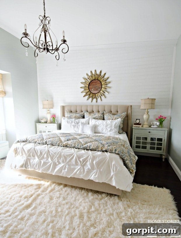 Elegant master bedroom makeover by Home Stories A to Z, featuring a beautiful plank wall and a serene Comfort Gray color palette with rich textures.