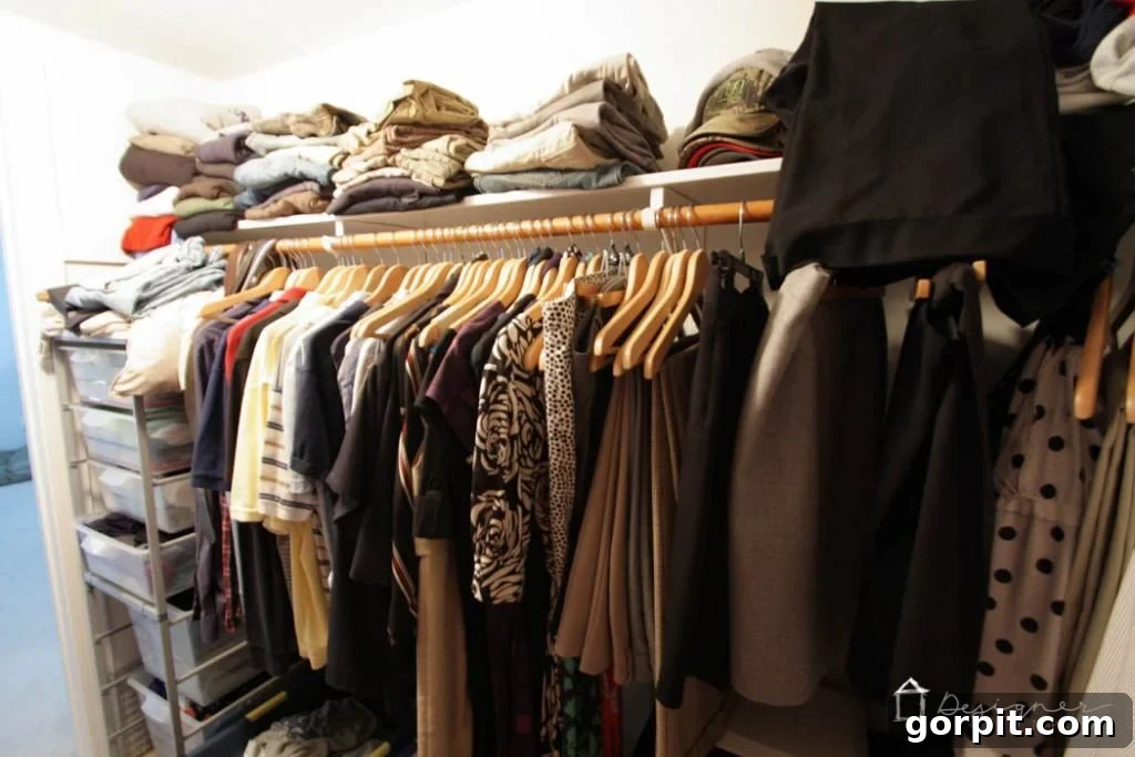 A close-up of the chaotic closet interior, emphasizing the need for practical organization tips. 