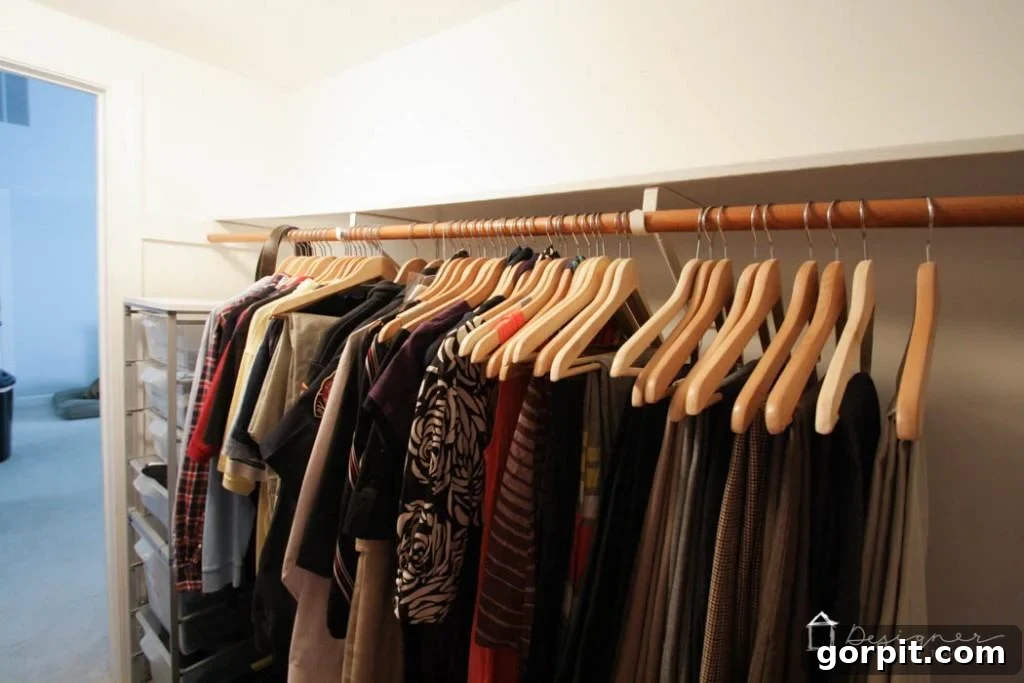 Another perspective of the neat and tidy closet, showing how space is maximized. 