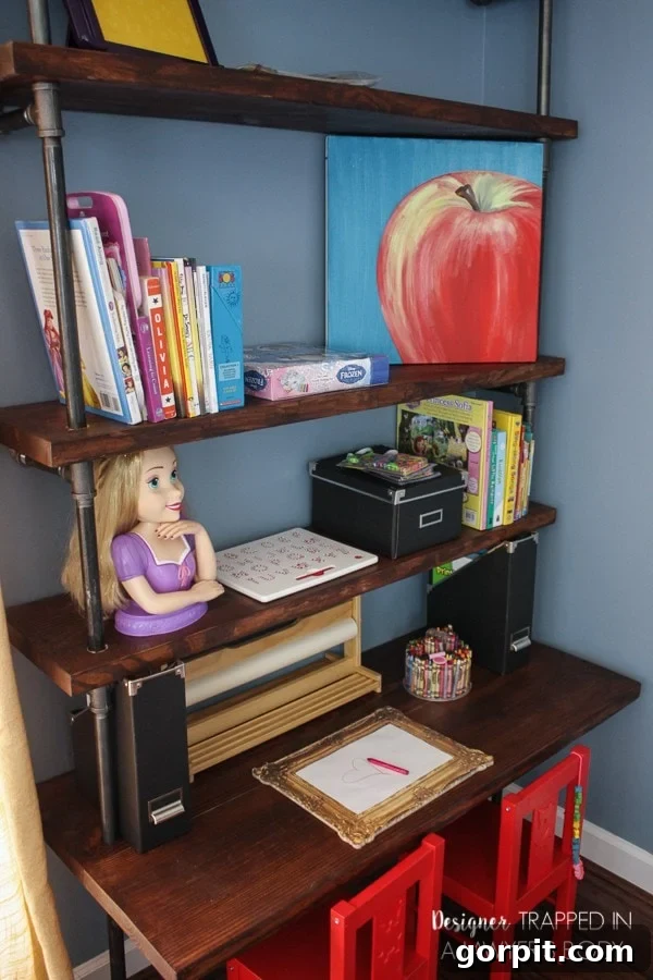 Industrial style DIY pipe shelves with built-in desks, providing robust storage and workspace for a playroom or kids' room.