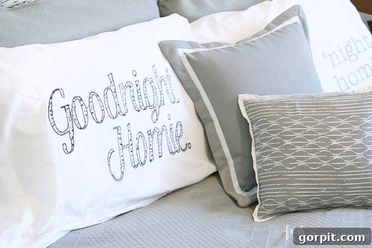 Image transfer from plastic sheet protector to cotton pillowcase using a card, illustrating the unique DIY fabric printing method.
