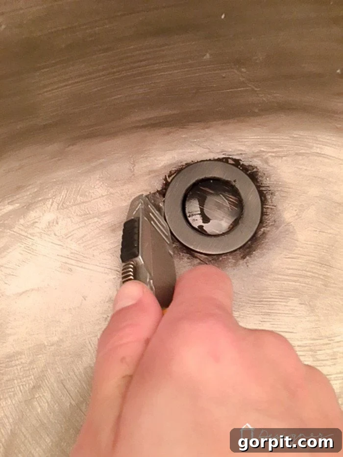 Step 1: Scoring the concrete overlay around the drain with a utility knife.
