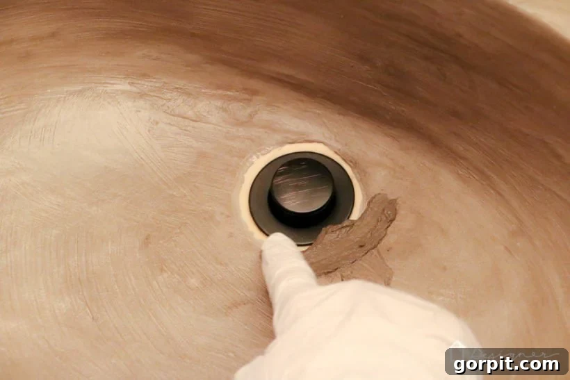 Step 5: Applying Ardex Feather Finish around the re-installed drain with a finger.