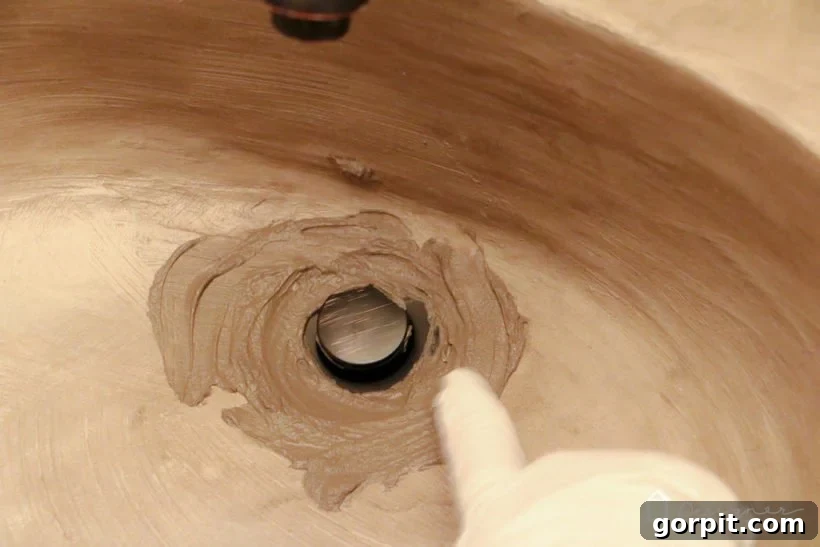 Step 5: Detailed view of applying concrete overlay around the sink drain for a smooth finish.