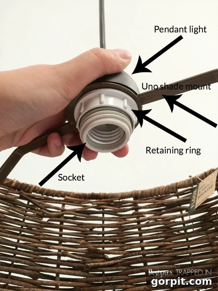 Instant Glow: Beginner-Friendly DIY Lighting 6 Image showing how to attach an Uno style lampshade to a pendant light socket, securing it with a retaining ring.