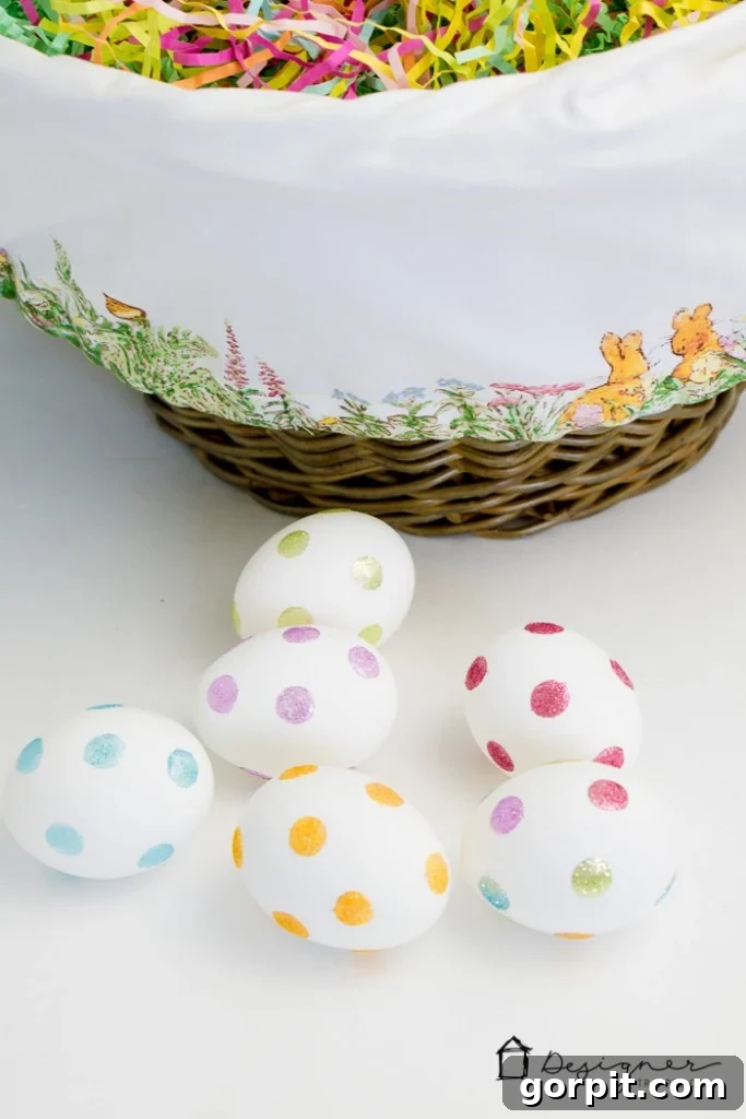 Close-up of a sparkling Easter egg, highlighting the intricate glitter dot details.