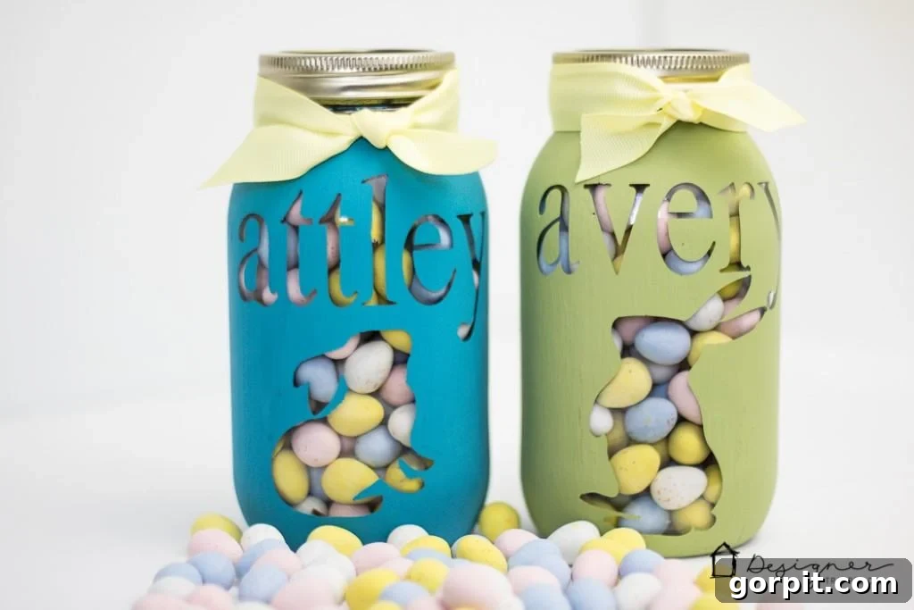 Three beautifully decorated personalized mason jars, perfect for Easter or other holidays, filled with treats and adorned with bows.