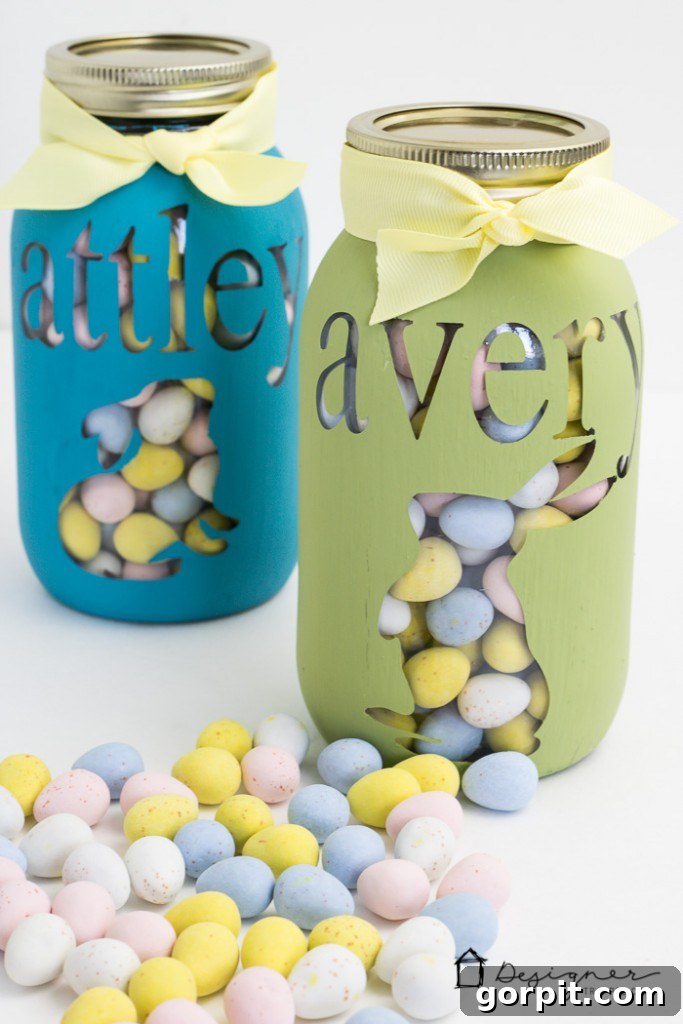 Close-up of a charming personalized mason jar with a bunny design and name, highlighting the detailed finished craft project.