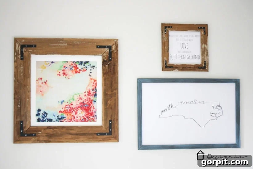 Close-up of a DIY reclaimed wood frame, highlighting the texture and character of the wood.