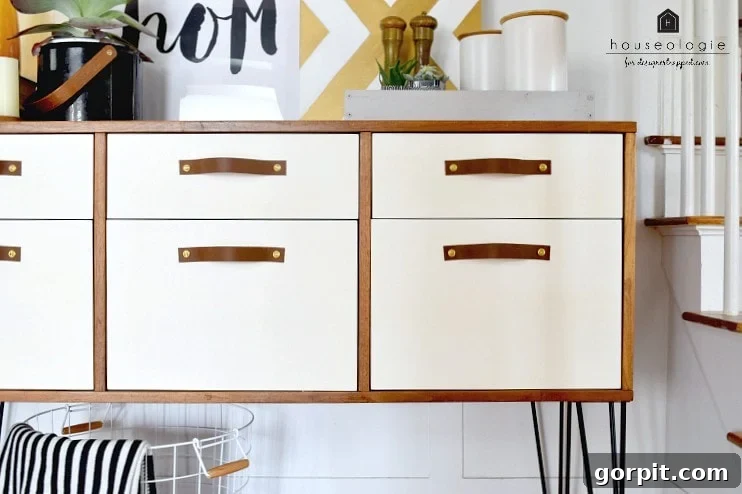 Handcrafting Leather Drawer Pulls for Custom Furniture 2 photo of modern wood and white credenza with hairpin legs and leather drawer pulls