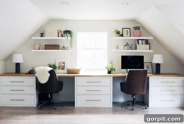 Two DIY desks are next to each other under a slanted roof. This DIY IKEA hack uses IKEA Hemnes dressers, leather chairs and shelves to create a workspace for two people.