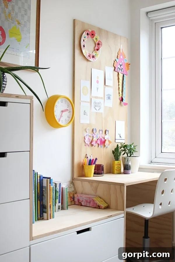 A children's desk and storage corner features a DIY IKEA hack using Nordii drawers and plywood. Children's books, drawings, markers, plants and a yellow clock are dotted along the desk and storage drawers. 