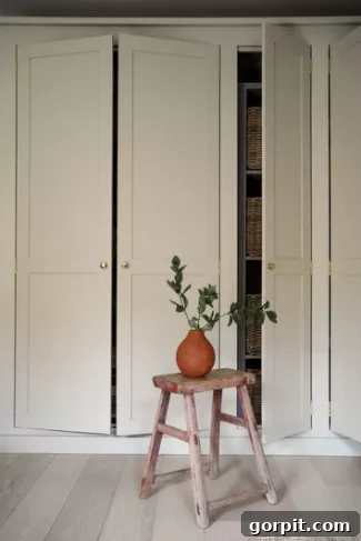 White built-in wall storage from Billy bookcases line the walls. The doors are slightly ajar. A step ladder with a plant on it sits in front of this DIY IKEA hack. 