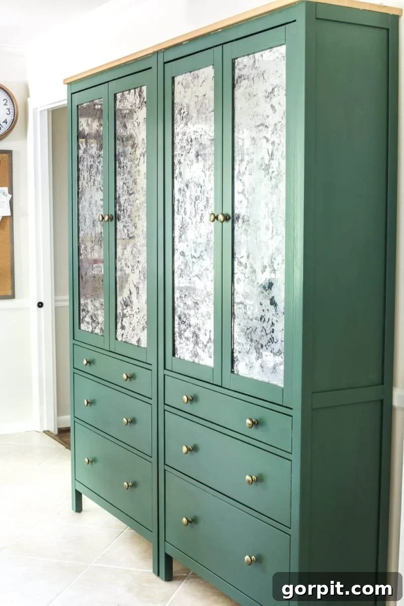 Two green Hemnes free-standing cabinets with drawers and doors have been turned into a free-standing pantry using these DIY IKEA hacks. 