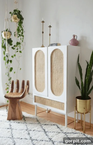 An IKEA rattan Ivar cabinet against a light colored wall, with a large hanging plant in the corner and a wooden hand-shaped chair. 