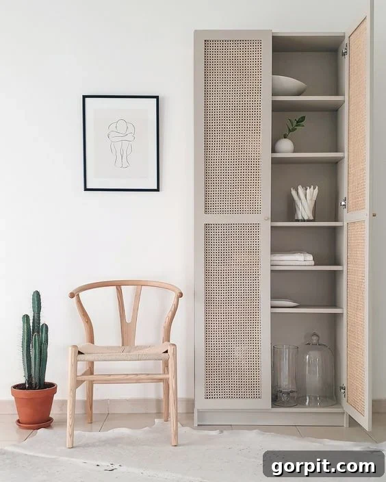 A beige IKEA Billy bookcase has caned doors added to hold extra plates and towels. A simple wooden chair. a framed line drawings, and a cactus are next to the tall cabinet. 