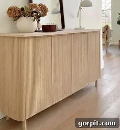 A hallway has an IKEA Ekat sideboard cabinet piece covered in pole wrap, with legs added and a table top with flowers, a mirror and a lamp.
