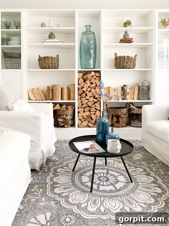 A white family room with white couches features IKEA Billy bookcases customized as built-ins along the back wall, with shelves full of art, wood, books, and more. 