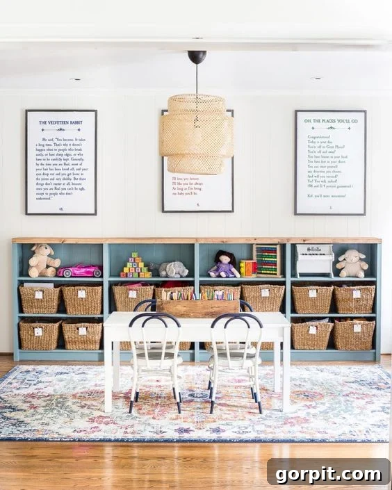 IKEA's short Billy bookcases are against the back wall of a playroom. Framed messages are above the storage wall, and a children's table is in front. This DIY IKEA hack provides loads of playroom storage. 