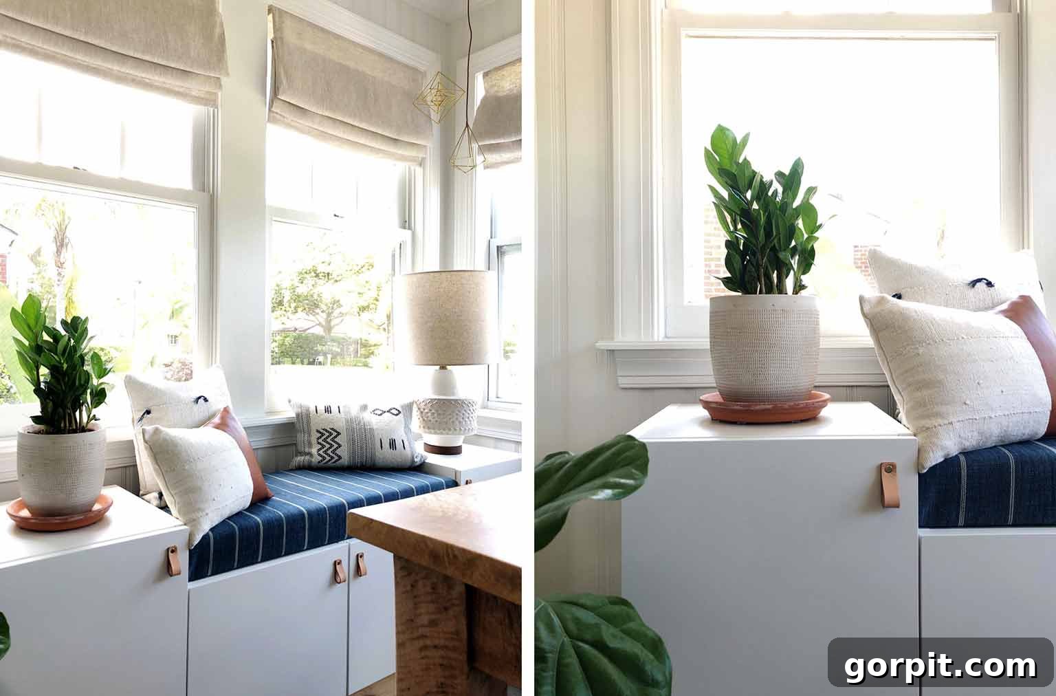 Two pics from different angles of a white and blue dining room window seat made from IKEA Sektion cabinets and a cushion. 