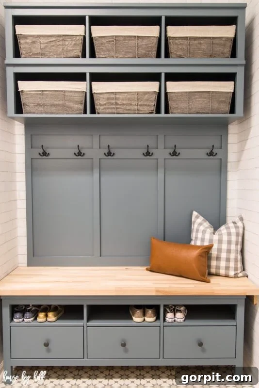 A grey mudroom bench made with IKEA Hemnes drawers and cubbies and butcher block top. Two pillows sit on the bench and fabric bins line the shelves in this DIY IKEA hack. 