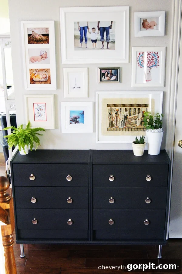 Two Rast dressers from IKEA have been painted black and metallic hardware, while framed photos adorn the wall above. The text reads "oheverythinghandmade.com." You can upgrade your furniture with these DIY IKEA hacks. 