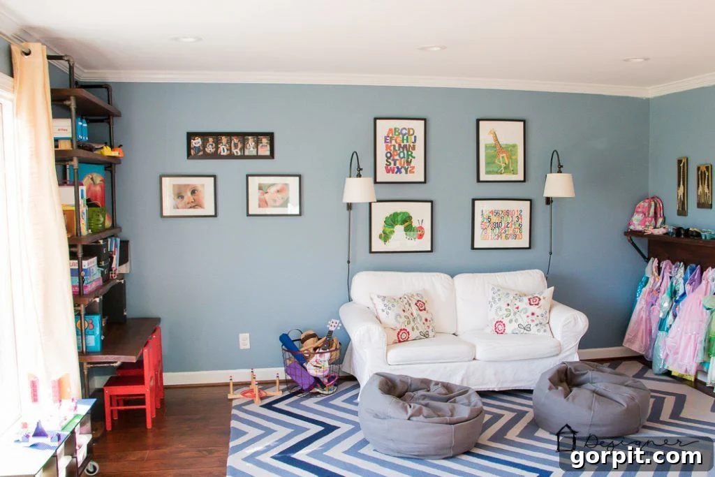 Detail of the storage system in the kids' playroom, featuring IKEA Trofast units for effective playroom storage of toys and crafts.