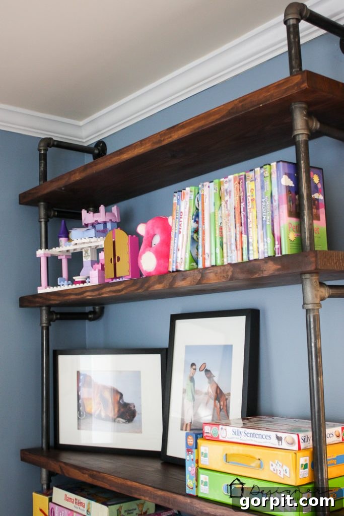 Wide shot of the kids' playroom, emphasizing the bright, airy feel and the seamless integration of playroom decor and storage solutions.