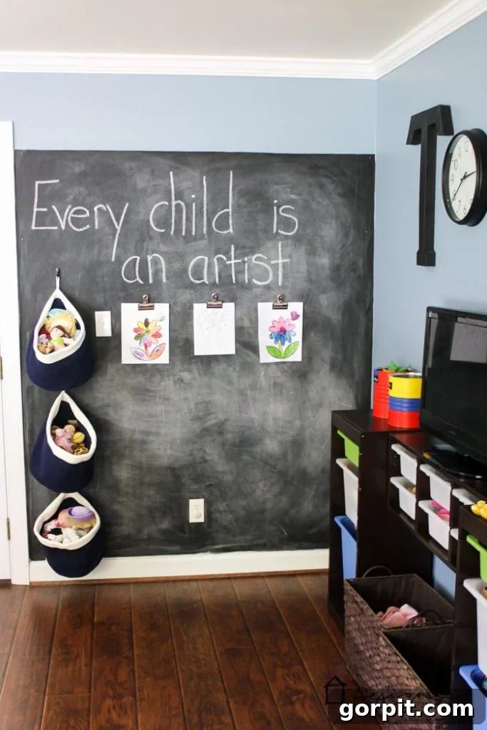 Overall view of the vibrant kids' playroom, highlighting the various play zones and the cohesive aesthetic achieved through carefully chosen playroom decor.