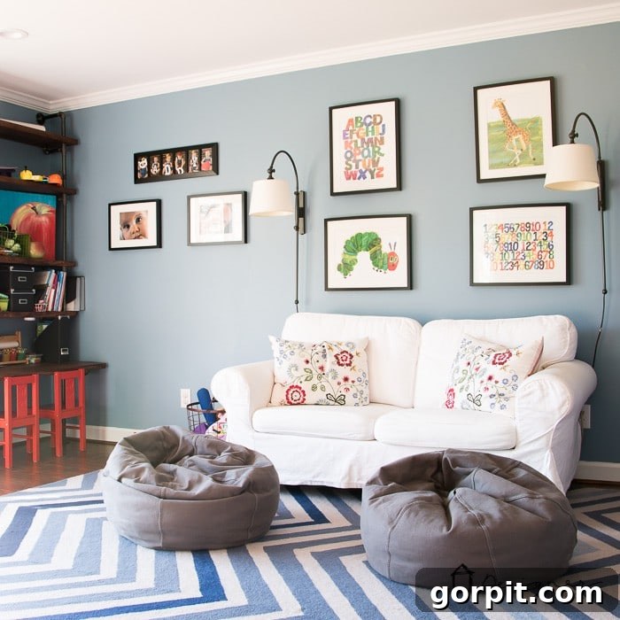 A beautifully designed kids' playroom with ample natural light, featuring a vibrant blue wall and playful decor. The space is both functional and aesthetically pleasing, showing innovative playroom decor ideas.