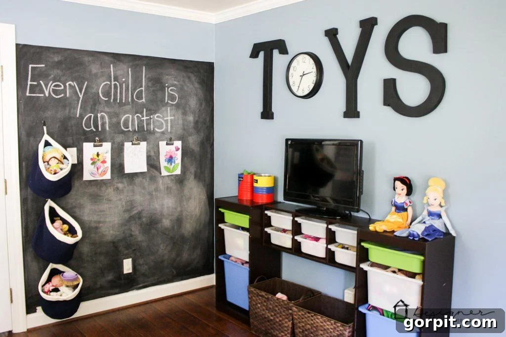 Overview of the transformed kids' playroom, highlighting the new laminate flooring and the inviting atmosphere created by thoughtful playroom decor.