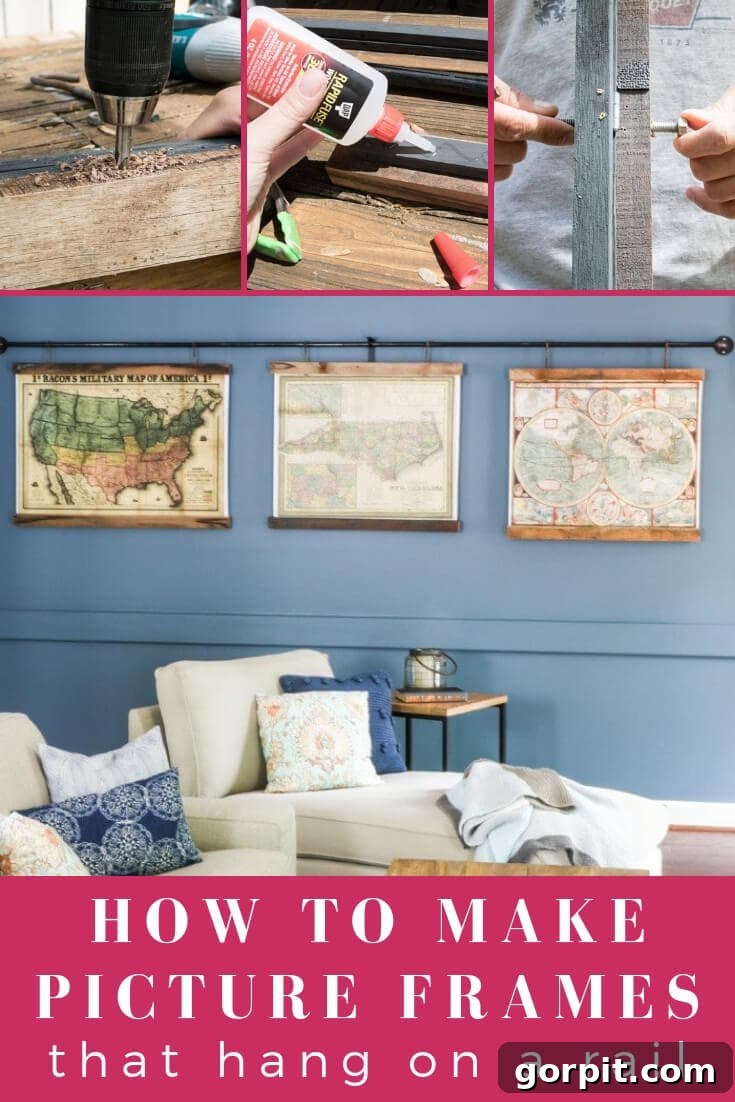 Stunning large picture frames made from reclaimed pallet wood, hanging from an industrial pipe, showcasing a world map. Perfect for unique DIY wall art.