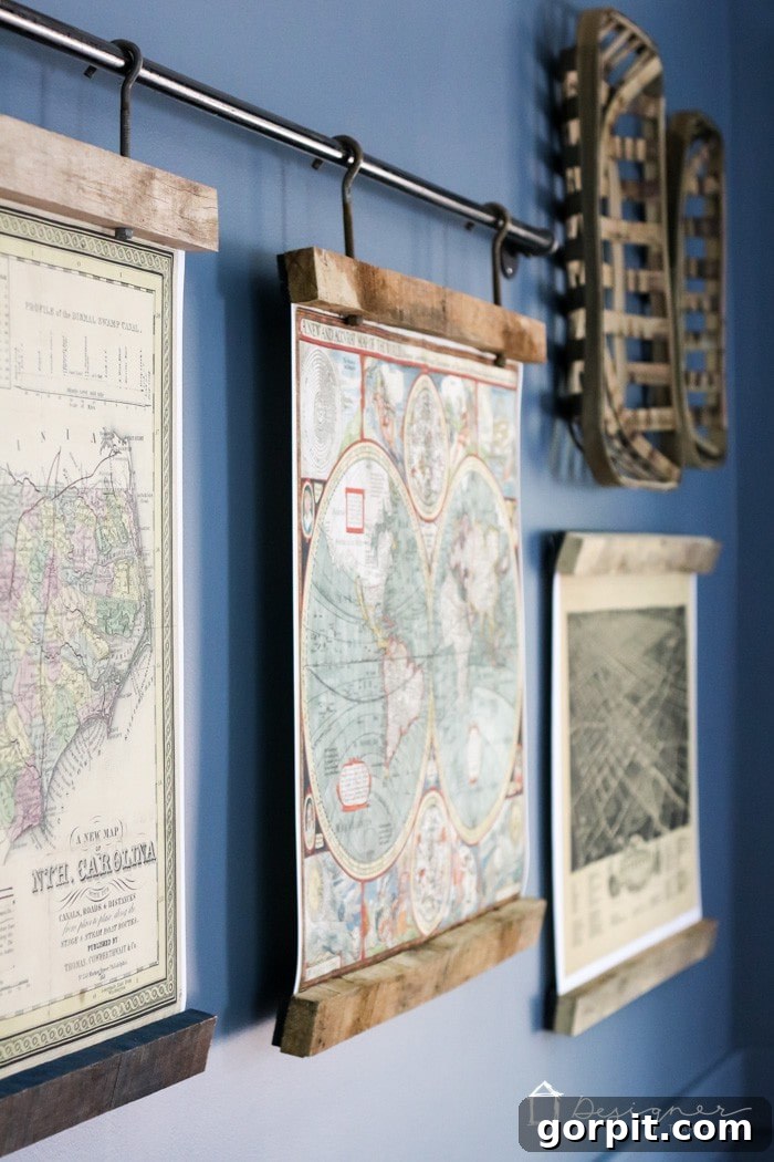 Fourth map framed in reclaimed wood, hung separately on a wall, with two North Carolina tobacco baskets arranged above it for added texture and regional charm.