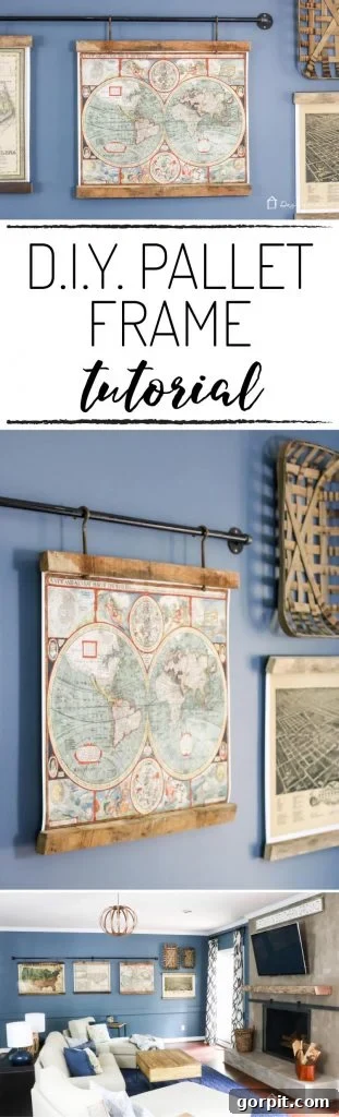 Large vertical image of the finished reclaimed wood map frames hanging from an industrial pipe, showcasing industrial style with vintage maps, optimized for Pinterest sharing.