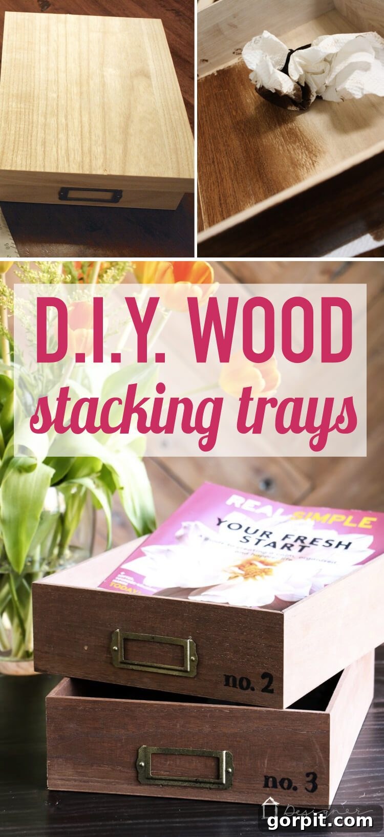 Stacked DIY wooden desk organizer trays with custom numbering, inspired by Anthropologie