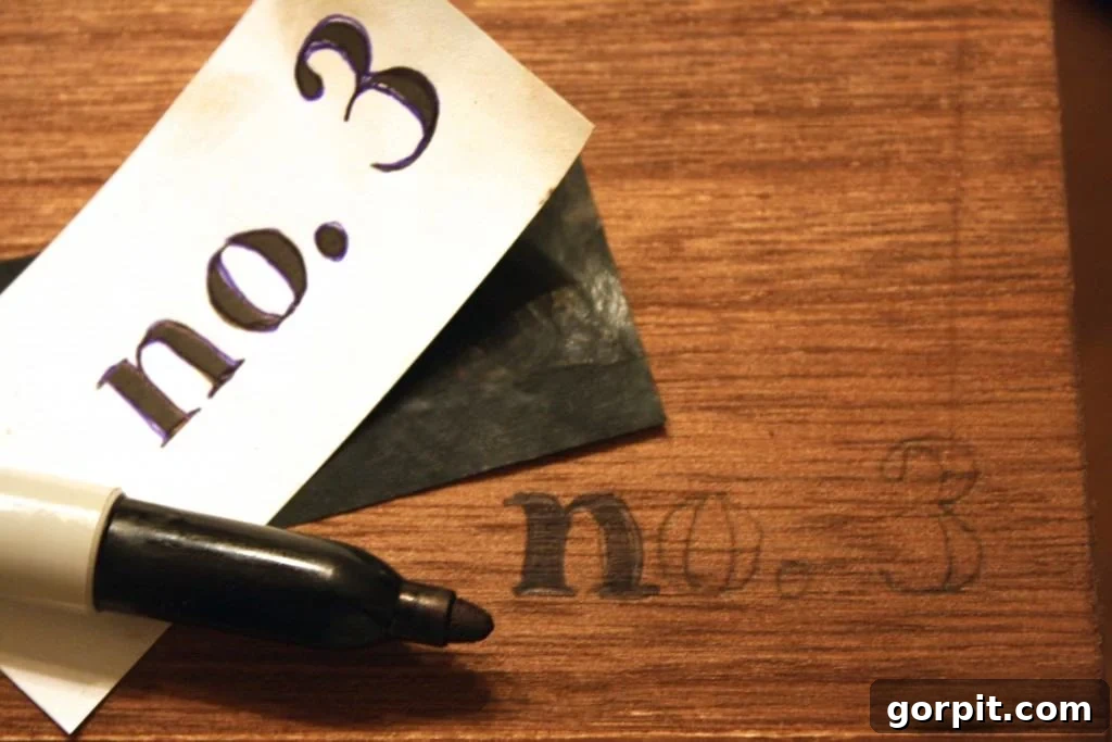 Transferring typography onto a stained wooden box using carbon paper for a DIY desk organizer