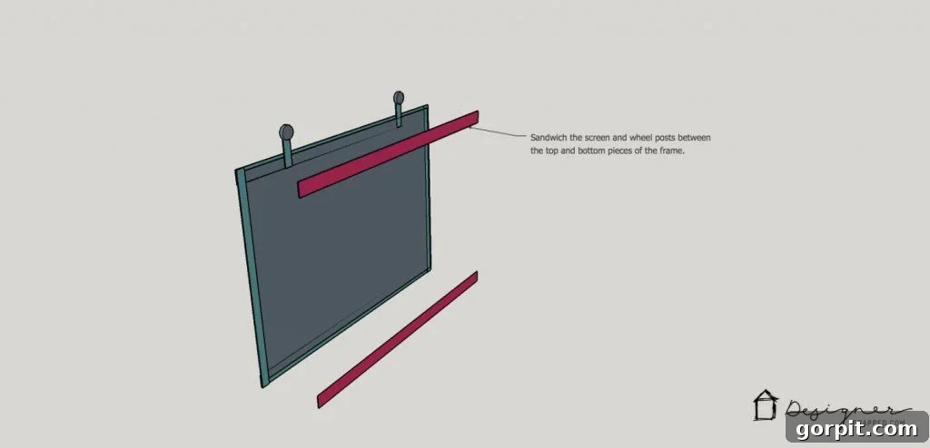 Close-up view of the layered steel bars, hardware cloth, and wheel posts secured with bolts.