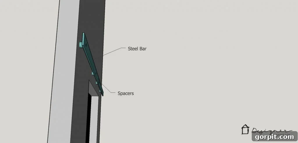 Mounting the steel sliding rail to the fireplace using Tapcon screws and chrome spacers.