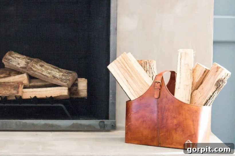 Overall view of the fireplace with the barn door screen in a cozy home environment.