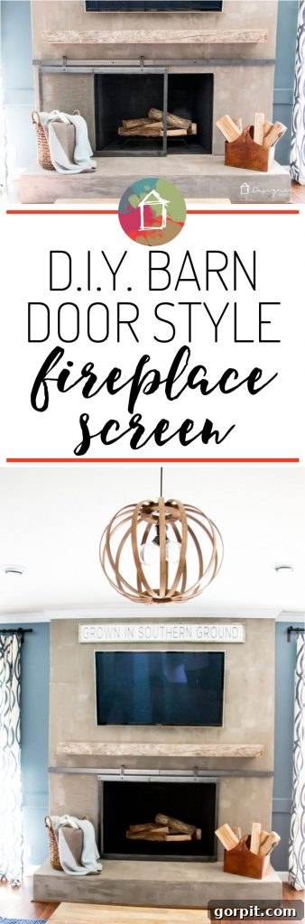 An amazing DIY sliding fireplace screen. No welding required for this beautiful barn door style. Full tutorial available!