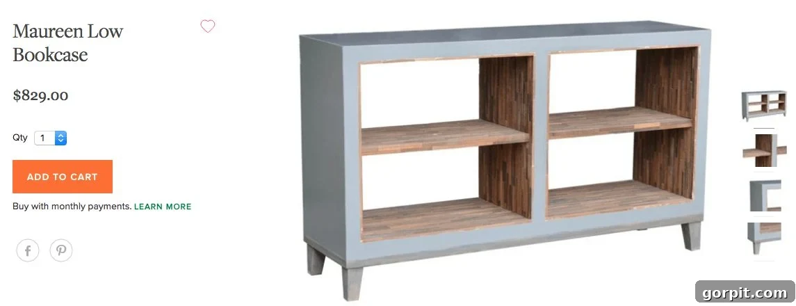 IKEA Lack Transformation: Designer Style for Less 4 An advertisement for a high-end Maureen Low Bookcase, priced at $829.00, featuring multiple shelves with stunning wood-lined interiors, serving as design inspiration.