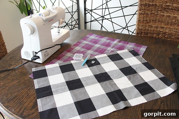 Sew Your Own Zippered Pillow Cover 4 A ruler and fabric scissors are poised over a piece of patterned fabric, indicating the precise cutting process for a DIY zippered pillow cover.