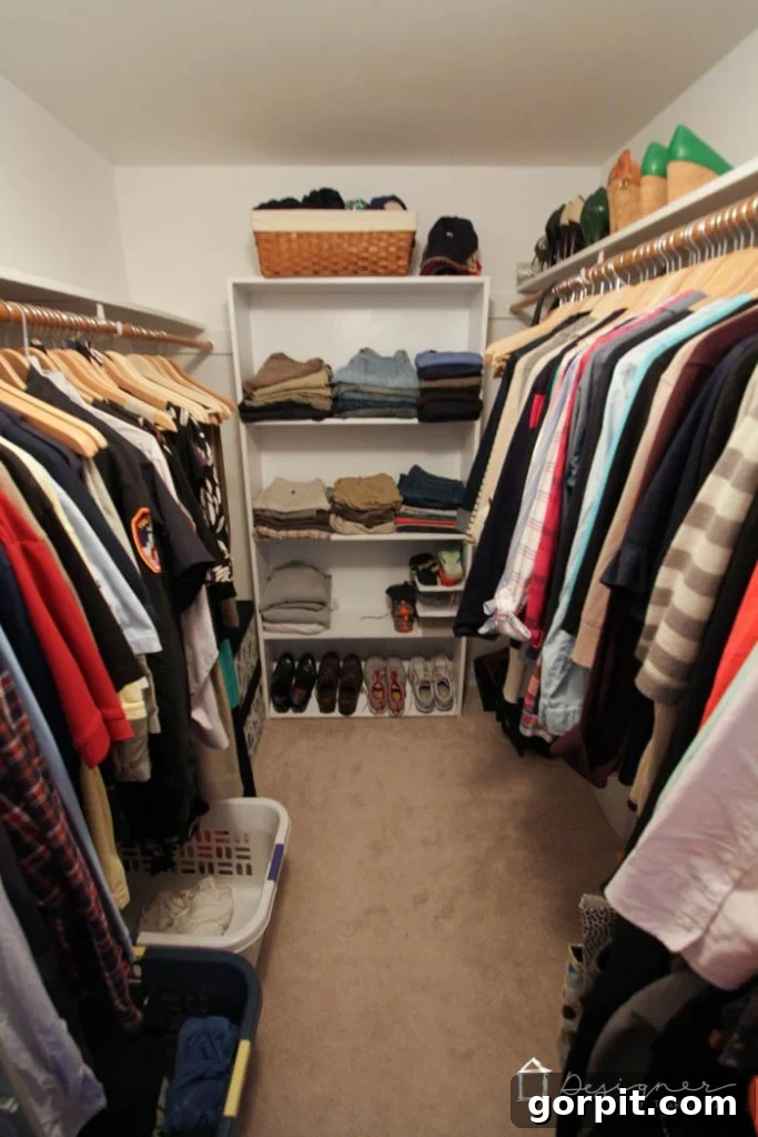 Falling for My DIY Dream Closet 22 A cluttered, unorganized closet before a DIY closet system installation. Learn how to organize your closet efficiently.