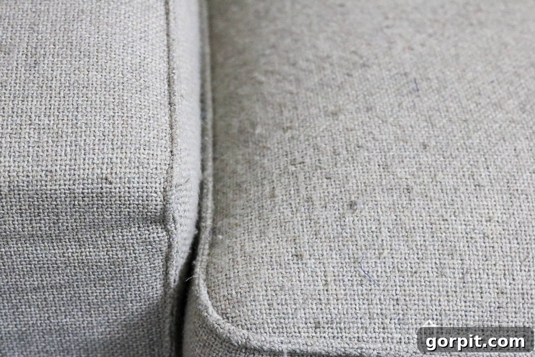 Sofa Makeover: Renew and Protect for Long-Term Style 4 Before shot of a pilled, worn couch cushion, showing visible fabric degradation.