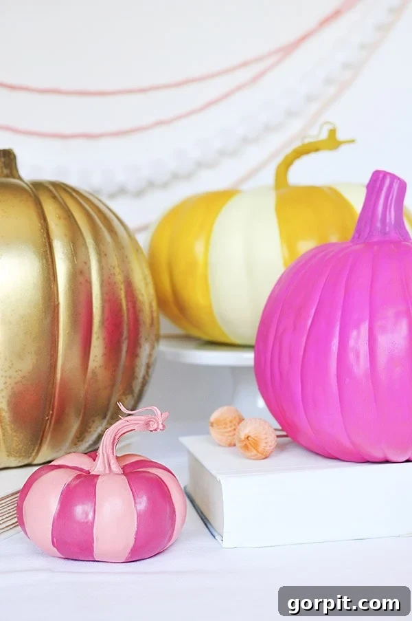 Brilliant No Carve Pumpkin Decorating Ideas 4 Brightly colored faux pumpkins for DIY peppy fall decor